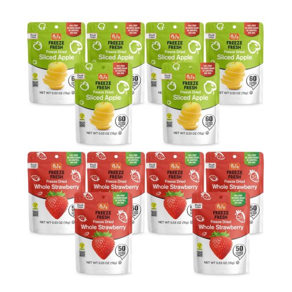 6 Pack Freeze Dried Whole Strawberry - 6 Pack Sliced Apple - 0.53 Oz Each